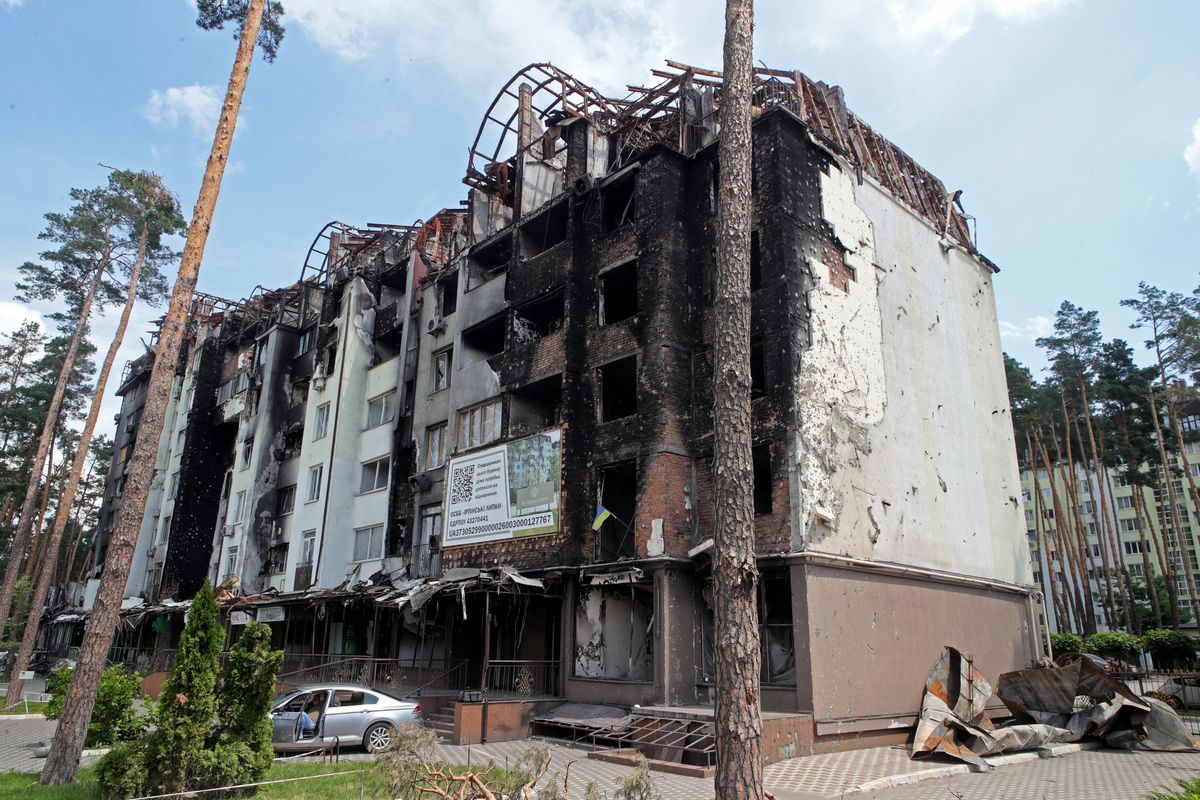 KYIV REGION, UKRAINE - JUNE 27, 2022 - Destruction caused by rocket and air attacks on the Irpin Lypky residential complex, Irpin, Kyiv Region, north-central Ukraine. This photo cannot be distributed in the Russian Federation. (Photo credit should read Pavlo Bahmut/ Ukrinform/Future Publishing via Getty Images)