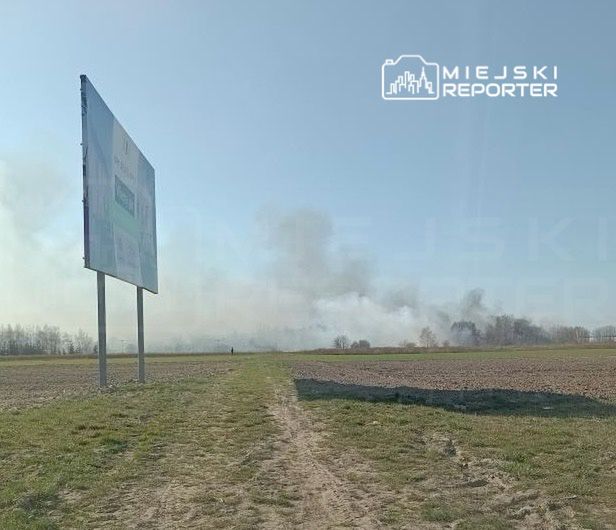 Na polu widoczna duża reklama, w tle unoszący się dym z pożaru, a w oddali postać idąca w kierunku dymu.