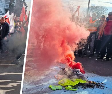 Incydent na proteście rolników w Warszawie. Podpalili kamizelki i odpalili race