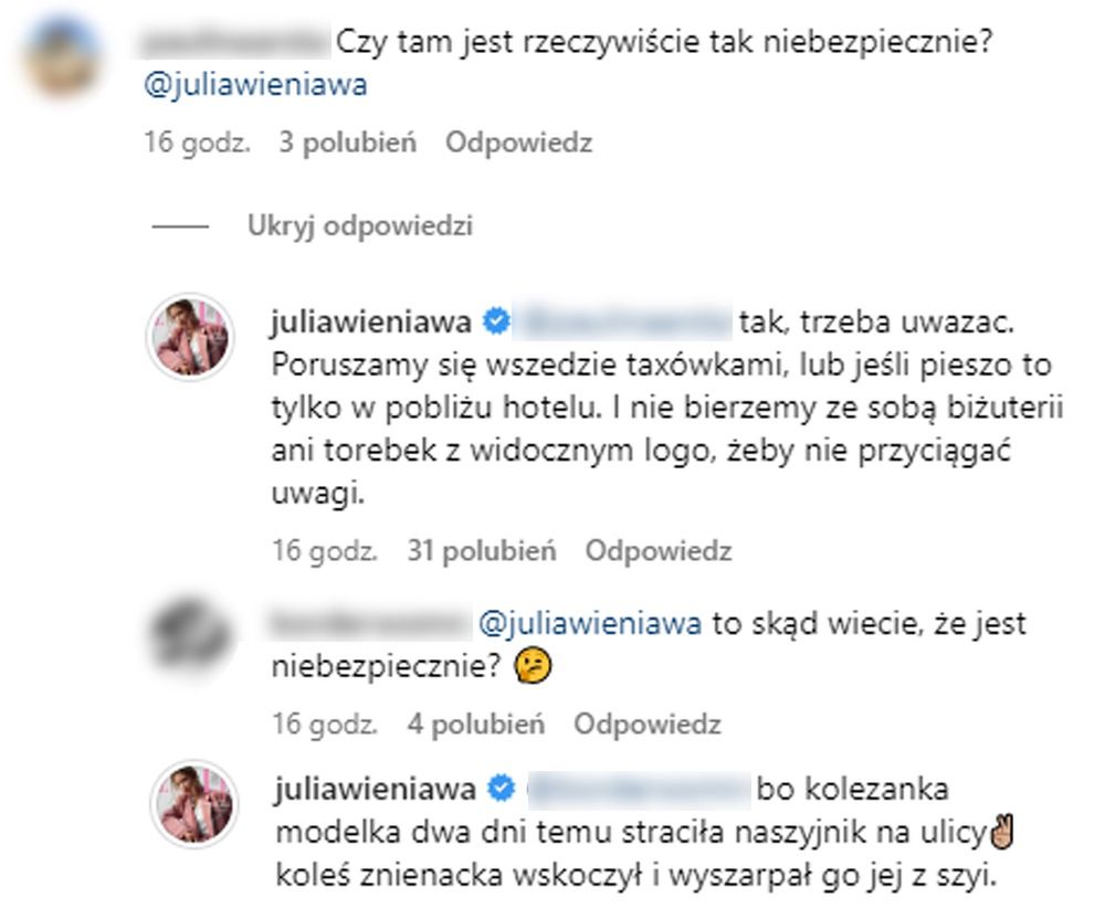 Julia Wieniawa przestrzega przed niebezpieczeństwami w Brazylii