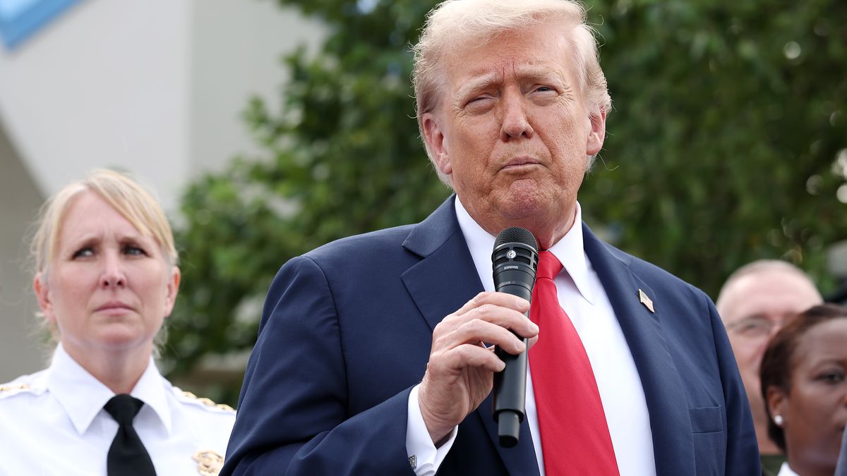 WASHINGTON, DC - AUGUST 21: U.S. President Donald Trump visits the U.S. Park Police Anacostia Operations Facility on August 21, 2025 in Washington, DC. The Trump administration has deployed federal officers and the National Guard to the District in order to place the DC Metropolitan Police Department under federal control and assist in crime prevention in the nation's capital.  (Photo by Anna Moneymaker/Getty Images)