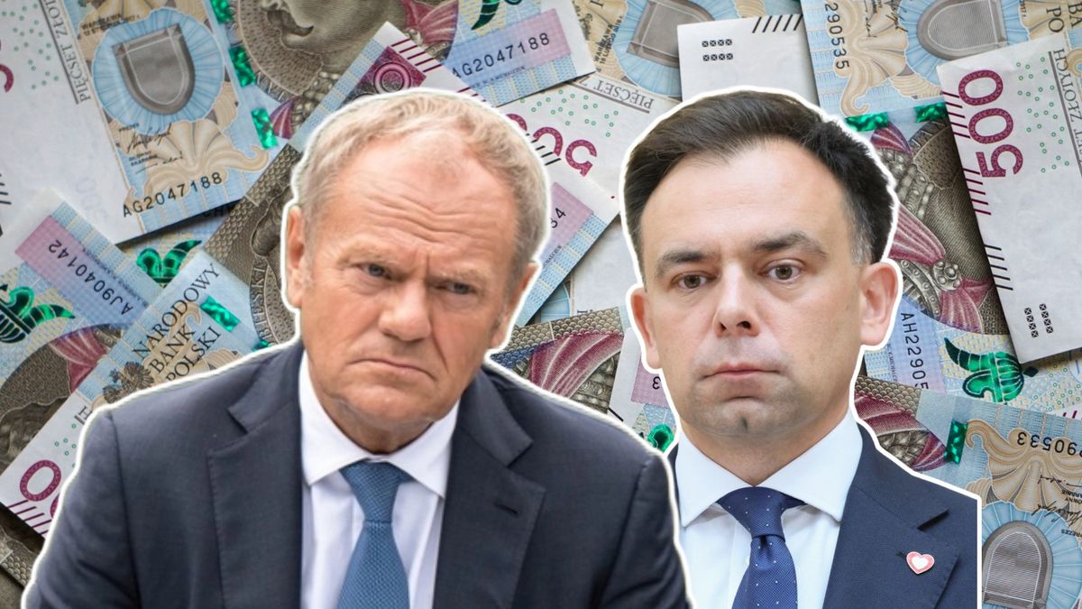 Premier Donald Tusk, minister Andrzej Domański, polskie banknoty