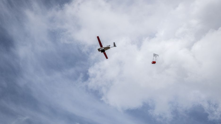A Zipline drone drops off a blood bag at Kabgayi hospital near Kigali, Rwanda, on Thursday, April 4, 2024. Zipline, a drone medical delivery service first developed in Rwanda and Ghana, now primarily operates in the US in partnership with Novant Health and customers including Walmart. Photographer: Guillem Sartorio/Bloomberg via Getty Images