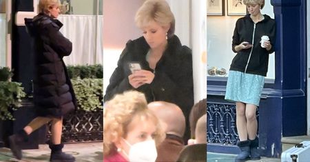 Elizabeth Debicki jako księżna Diana przechadza się w puchówce po planie "The Crown" (ZDJĘCIA)