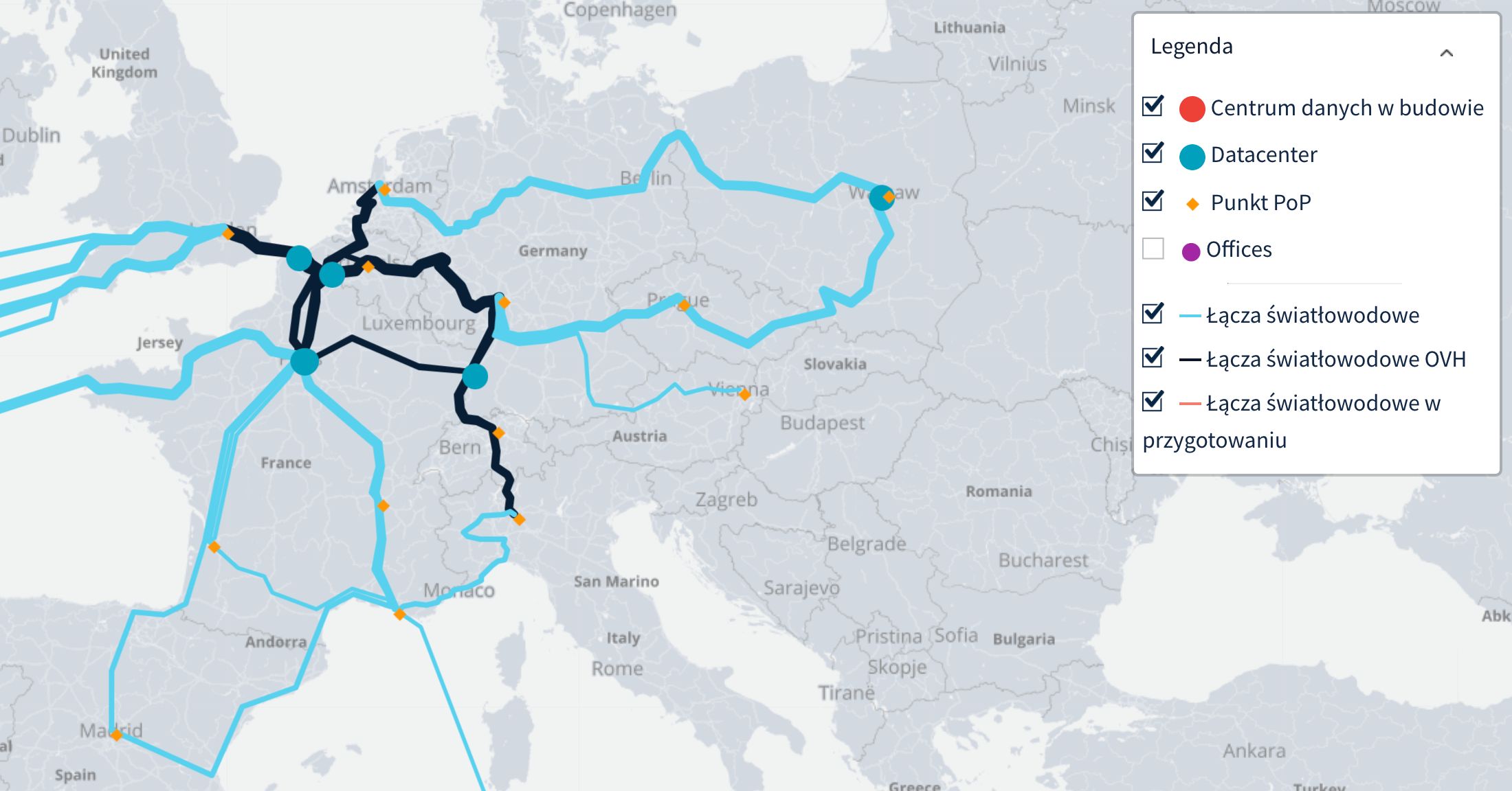 Mapa połączeń światłowodowych, używanych przez OVH