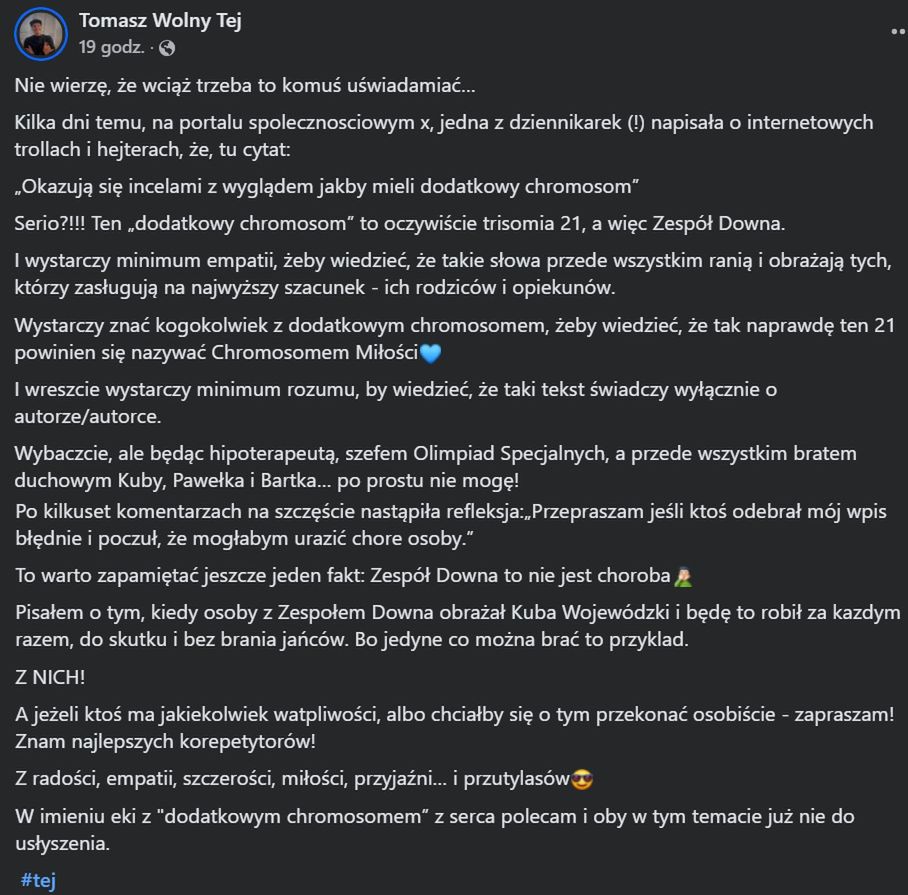 Wpis Tomasza Wolnego na Facebooku