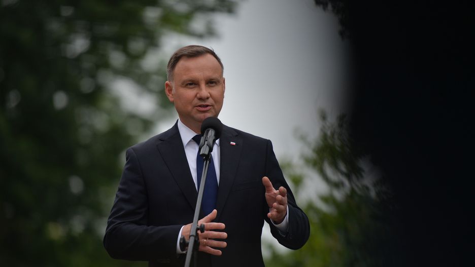 The President of Poland Andrzej Duda seen during the celebrations of the 80th anniversary of the first transport of Polish prisoners to Auschwitz.In 2006, the Polish Sejm (parliament) voted to make June 14th the National Day of Remembrance for the Victims of German Nazi Concentration and Extermination Camps.On June 14, 2020, in Oswiecim, Poland. (Photo by Artur Widak/NurPhoto via Getty Images)