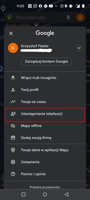 Google Maps: klikamy w Udostępnianie lokalizacji