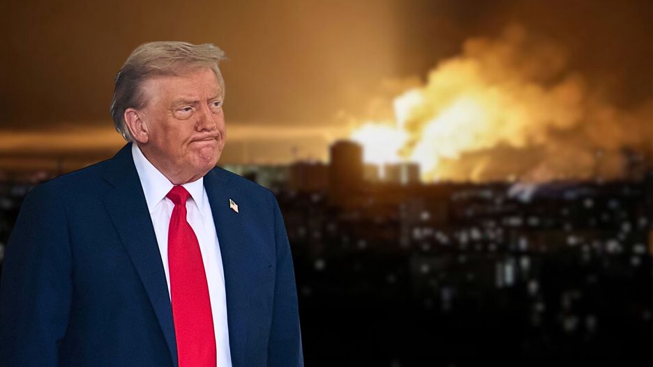 Donald Trump. W tle: rosyjski atak na Kijów 