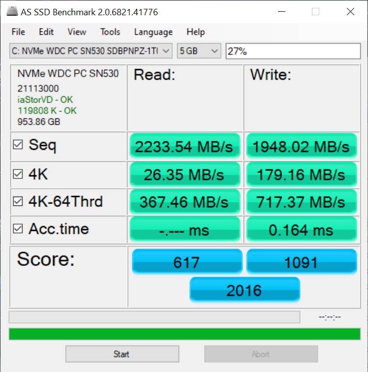Acer Nitro 5 - test dysku w AS SSD przy małym zapełnieniu