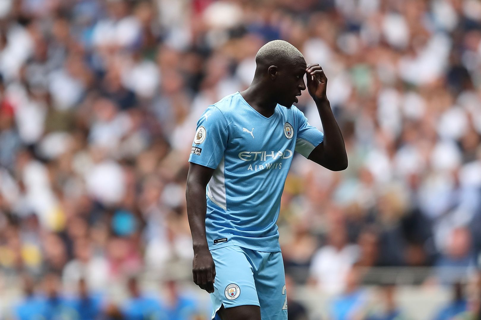 LONDON, ENGLAND - AUGUST 15: Benjamin Mendy of Manchester City during the Premier League match between Tottenham Hotspur  and  Manchester City at Tottenham Hotspur Stadium on August 15, 2021 in London, England. (Photo by James Williamson - AMA/Getty Images)