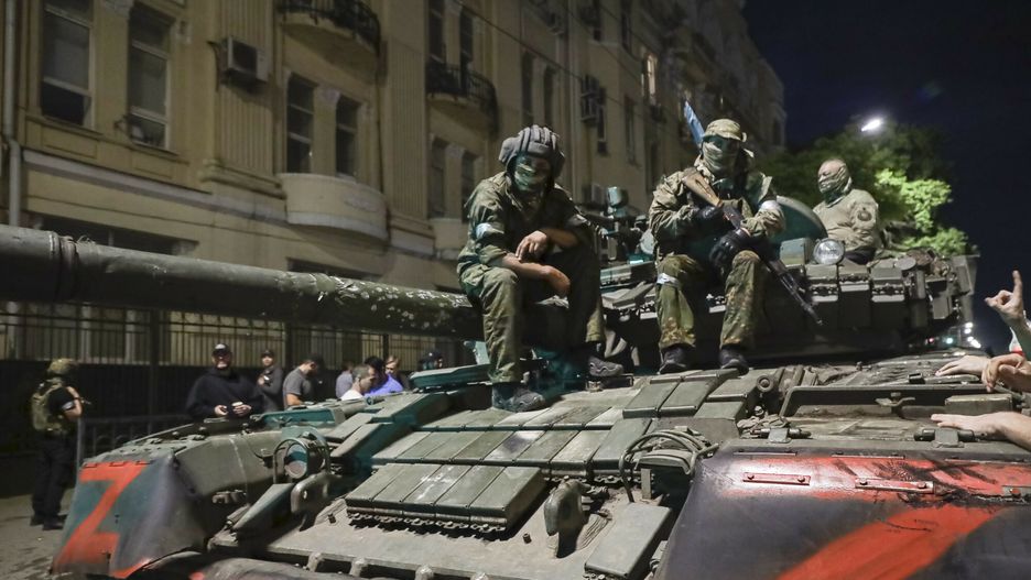 Temporary
Membes of the Wagner Group military company sit atop of a tank on a street in Rostov-on-Don, Russia, Saturday, June 24, 2023, prior to leaving an area at the headquarters of the Southern Military District. Kremlin spokesman Dmitry Peskov said that Yevgeny Prigozhin's troops who joined him in the uprising will not face prosecution and those who did not will be offered contracts by the Defense Ministry. After the deal was reached Saturday, Prigozhin ordered his troops to halt their march on Moscow and retreat to field camps in Ukraine, where they have been fighting alongside Russian troops. (AP Photo)