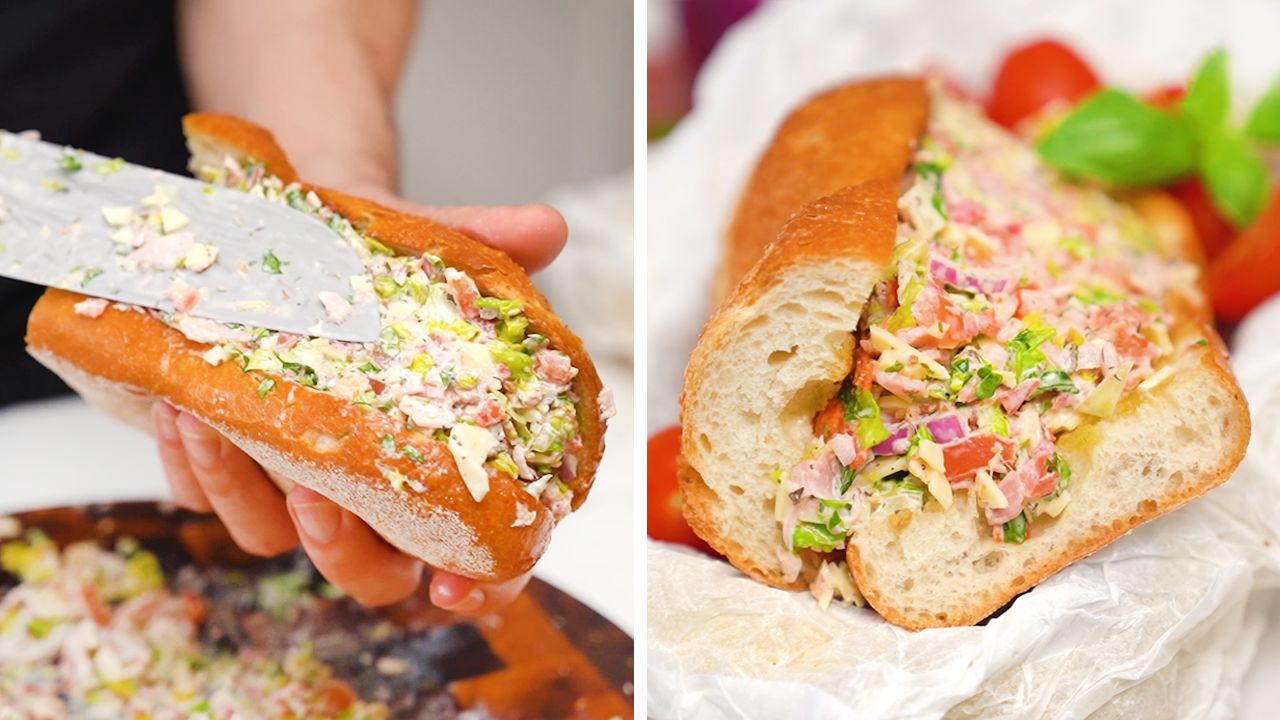 Posiekaj wszystkie składniki i nałóż na bagietkę. Włosi szaleją na punkcie tej kanapki