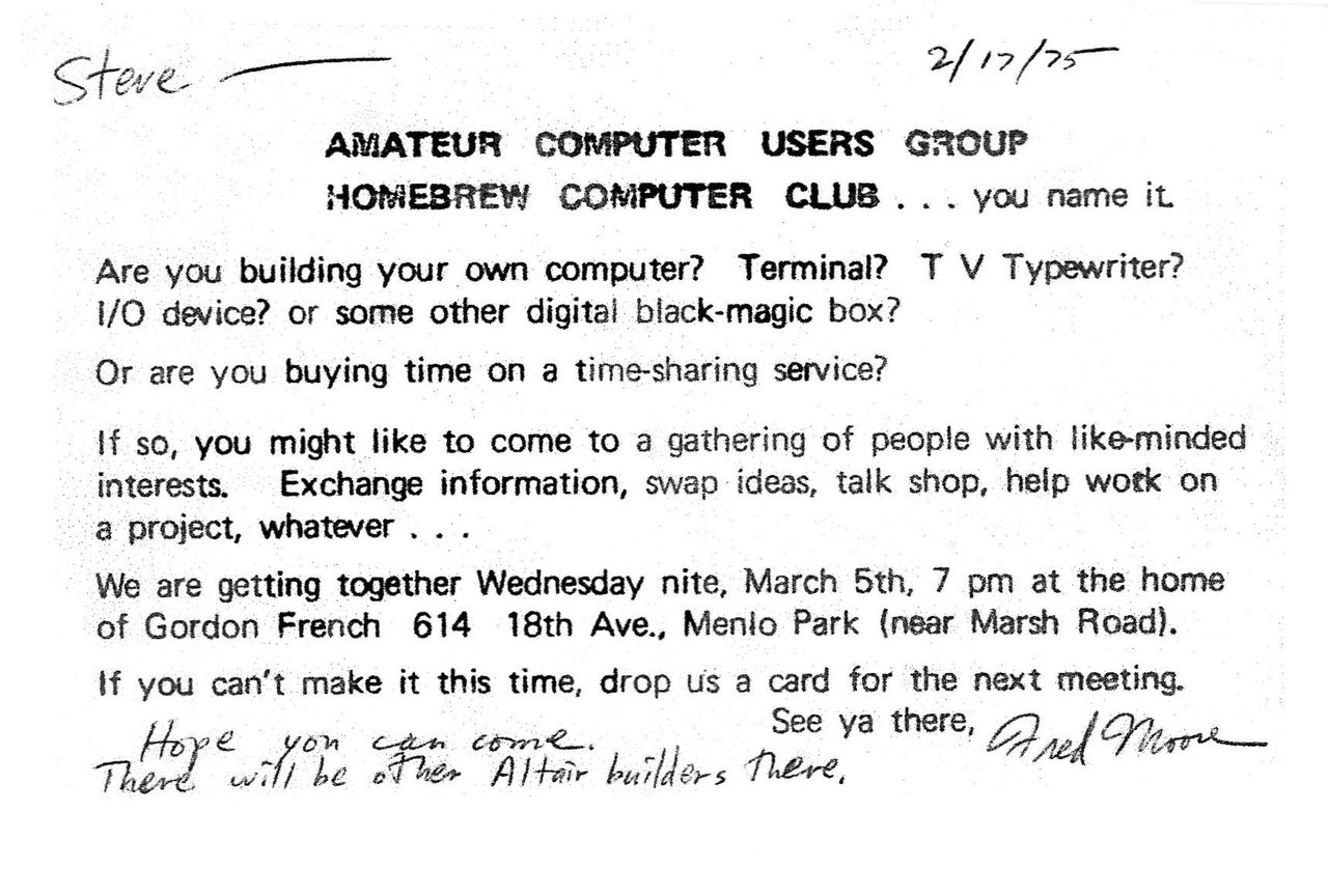 Zaproszenie na inauguracyjne spotkanie Homebrew Computer Club (źródło: Wikipedia, CC BY-SA 3.0)