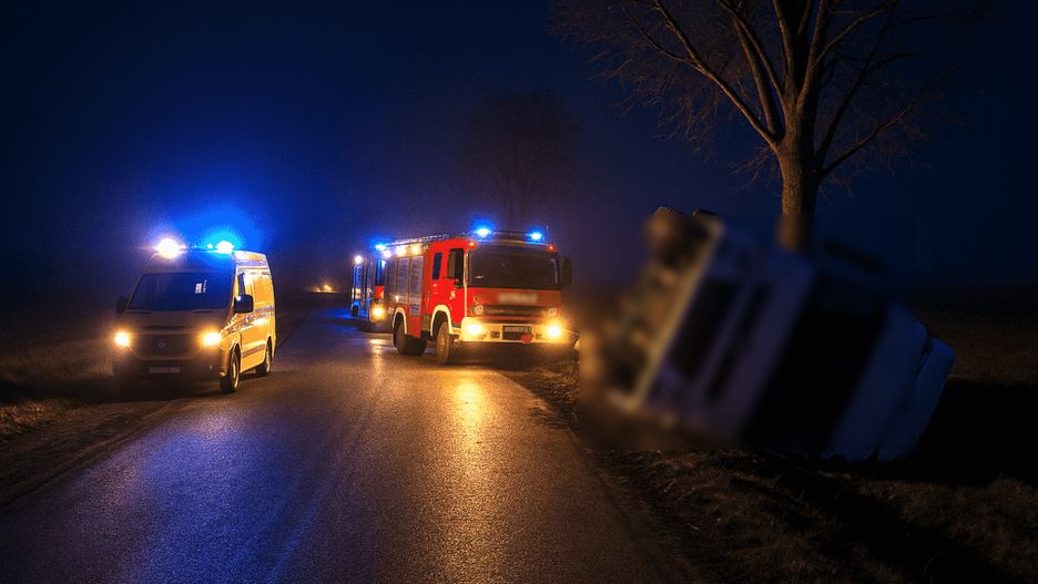 Strażacy przy przewróconej ciężarówce/ Wizualizacja AI