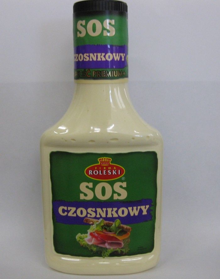 Sos czosnkowy 300 g marki Roleski, na etykiecie widnieje informacja „bez glutenu”