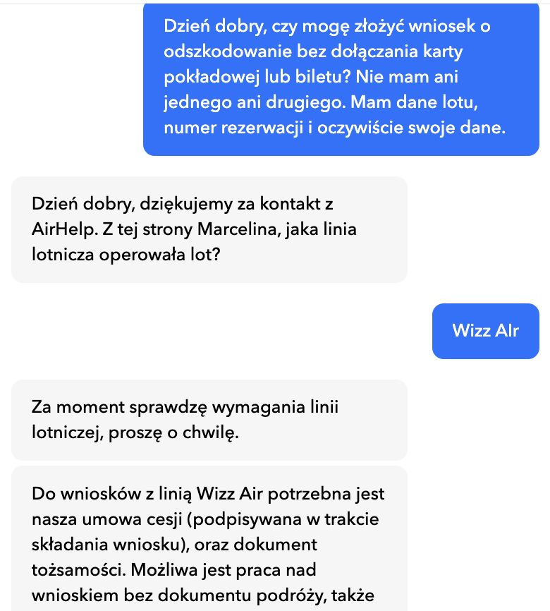 Zrzut ekranu rozmowy z konsultantką na czacie AirHelp