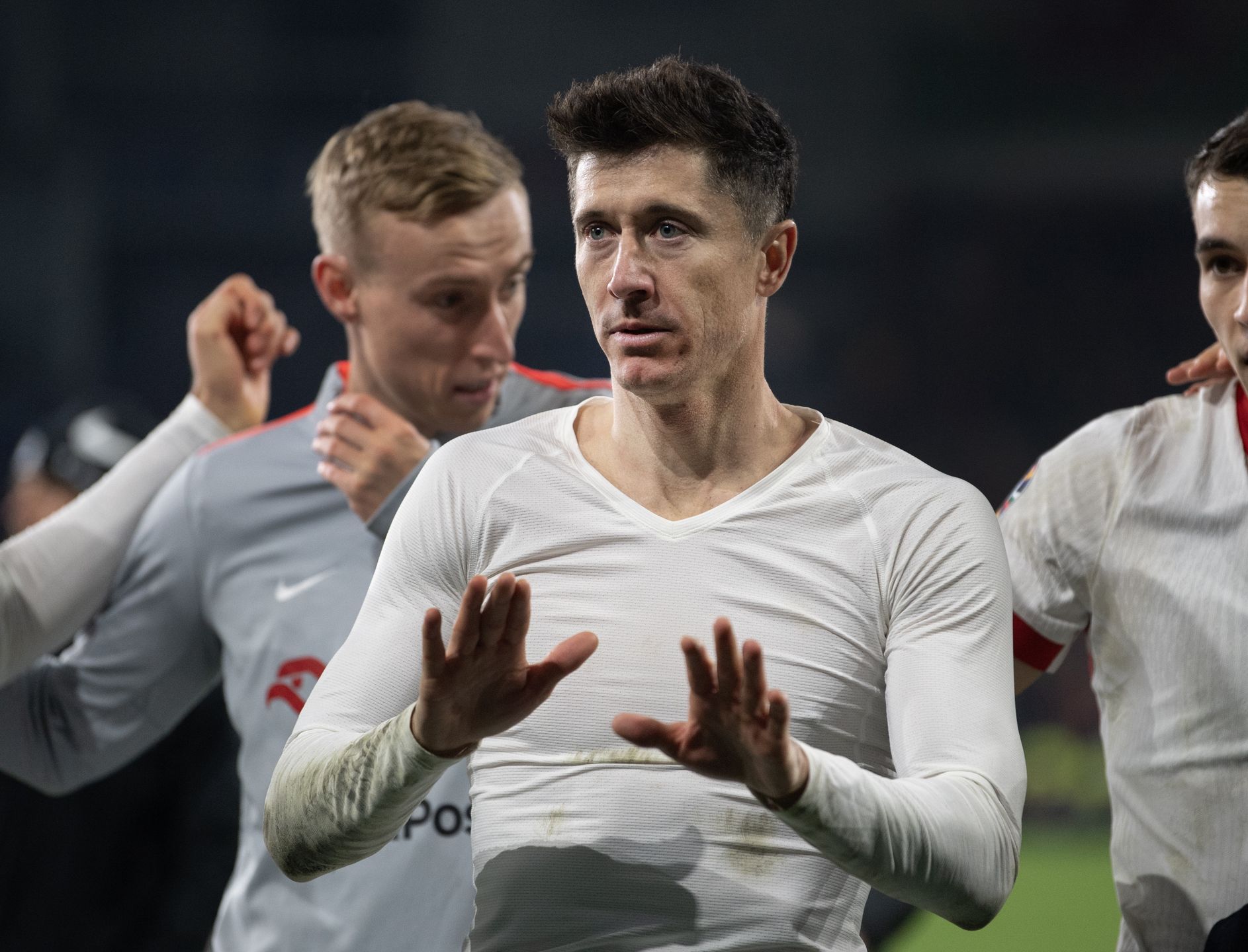 CARDIFF, WALES - MARCH 26: Robert Lewandowski of Poland leads the celebrations after the UEFA EURO 2024 Play-Off Final match between Wales and Poland at Cardiff City Stadium on March 26, 2024 in Cardiff, Wales.(Photo by Visionhaus/Getty Images)