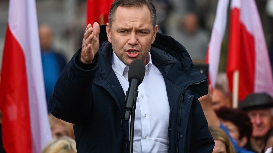 GARWOLIN, POLAND - MAY 05: Karol Nawrocki, a non-partisan Presidential candidate supported by the Law and Justice Party, delivers a speech during a political rally as the Presidential campaign enters the last two weeks on May 05, 2025 in Garwolin, Poland. Karol Nawrocki's rally in Garwolin comes days after his meeting with US President Donald Trump in the White House, in a show of support for Nawrocki as the candidate for Poland's nationalist opposition party Law and Justice (PiS), ahead of the country's upcoming presidential election on May 18. Nawrocki has been polling closely behind the ruling Civic Coalition (KO)'s candidate Rafal Trzaskowski. If neither wins 50% of the vote in the first round ballot, a runoff will be held on June 1.  (Photo by Omar Marques/Getty Images)