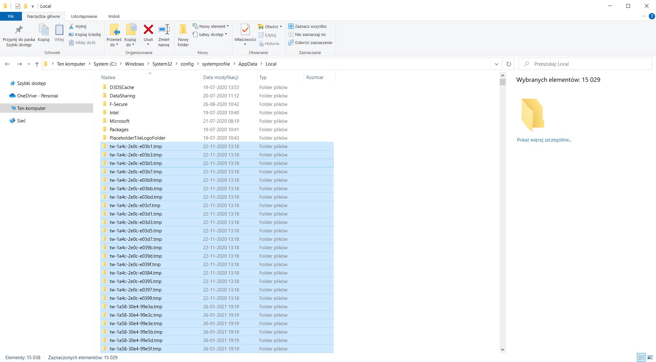 Puste katalogi można też znaleźć w Windows 10. Tutaj ponad 15 tys.