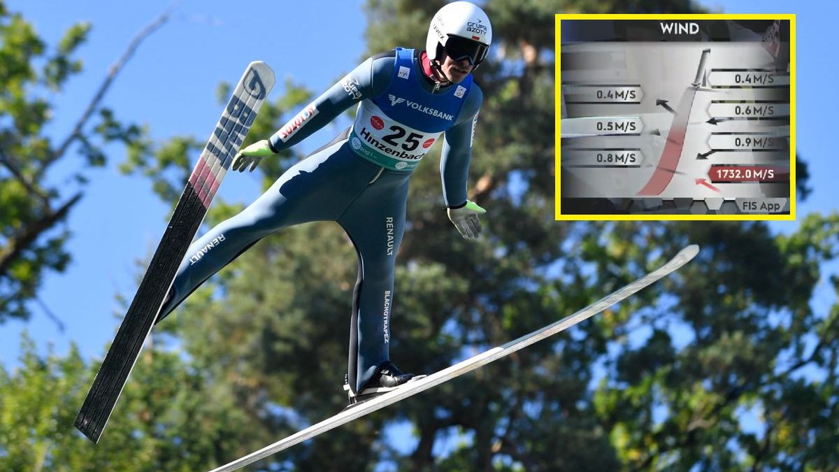 Piotr Żyła podczas skoku i błąd w grafice