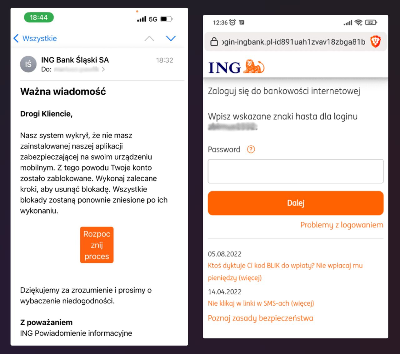 Fałszywa wiadomość i spreparowany formularz logowania do ING