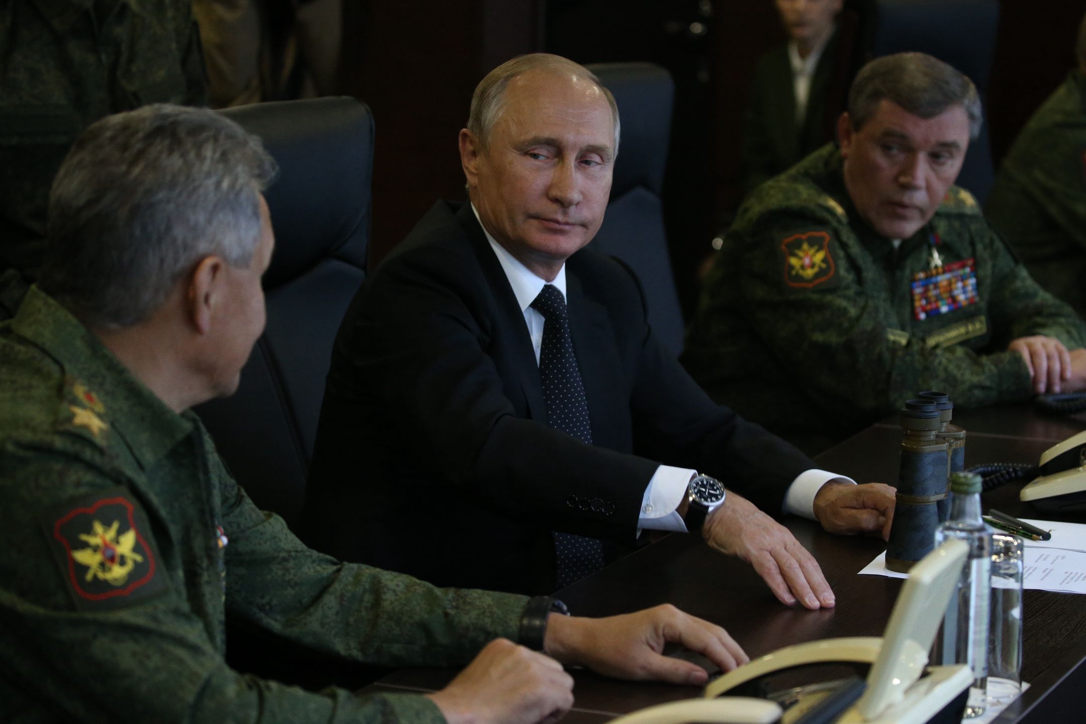 Russian President Vladimir Putin attends the Zapad 2017 military maneuvresLUZHSKY RANGE, RUSSIA - SEPTEMBER 18: (RUSSIA OUT) Russian President Vladimir Putin (C) watch a military exercise at a training ground September 18, 2017 at Luzhsky range near Saint Petersburg, Russia. The Zapad 2017 (West 2017) military maneuvres have caused concern among some NATO members neighboring Russia, who have criticized a lack of transparency about exircises and questioned Moscow's intensions.  (Photo by Mikhail Svetlov/Getty Images)Mikhail Svetlov