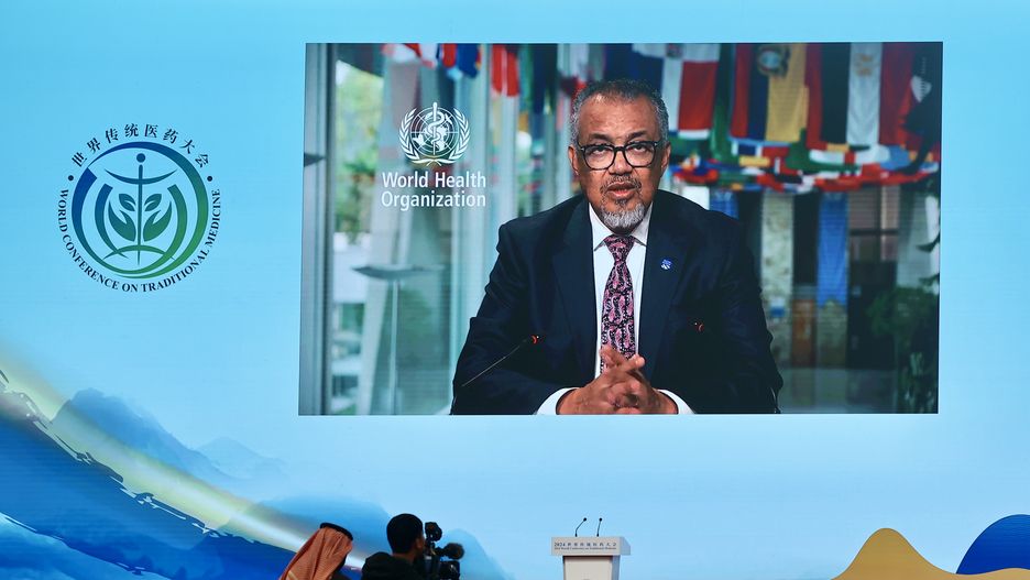 BEIJING, CHINA - NOVEMBER 03: Tedros Adhanom Ghebreyesus, director general of the World Health Organization, delivers a speech via video during the 2024 World Conference on Traditional Medicine on December 3, 2024 in Beijing, China. (Photo by Yi Haifei/China News Service/VCG via Getty Images)
