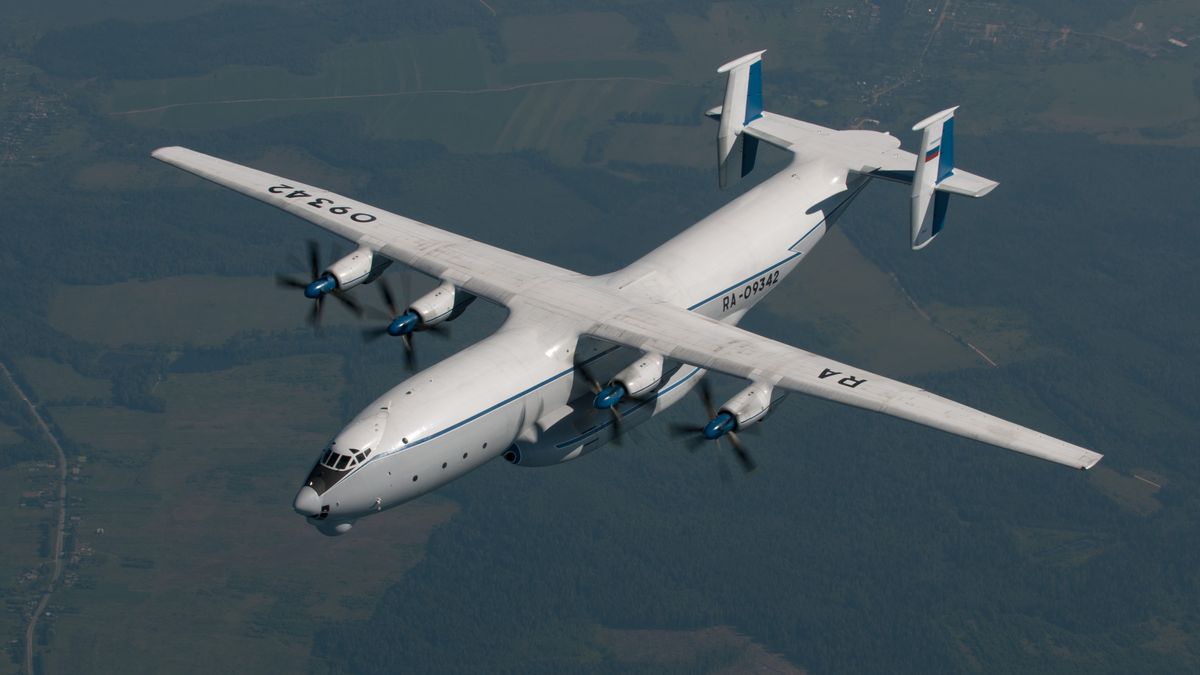 Antonov An-22
The Antonov An-22 (NATO reporting name 'Cock') in the air. The aircraft powered by four turboprops each driving a pair of contra-rotating propellers, the design remains the world's largest turboprop-powered aircraft. Several airframes are still  in service with Russian Air Force. (Photo by: aviation-images.com/Universal Images Group via Getty Images)
aviation-images.com
antonov, an-22, antheus, cock, man, made, object, industrial, cargo, turboprop-powered, transport, world, breaker, 22, an22, era1960s, strategic, airlifter, heaviness, cargos, -, air, force