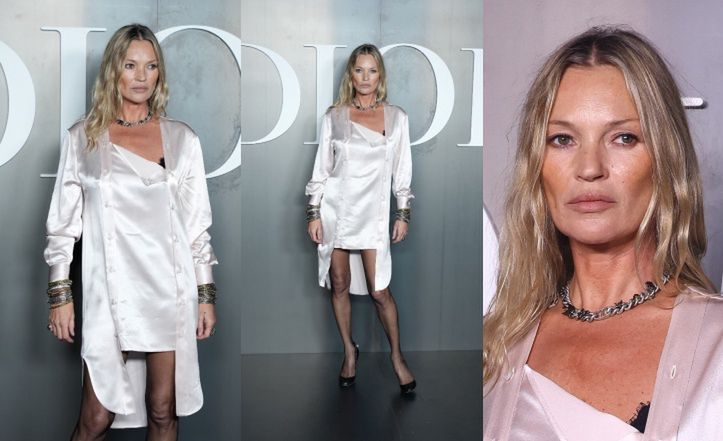 51-letnia Kate Moss eksponuje szczupłe nogi na paryskim pokazie Diora. Wciąż ma w sobie "to coś"?