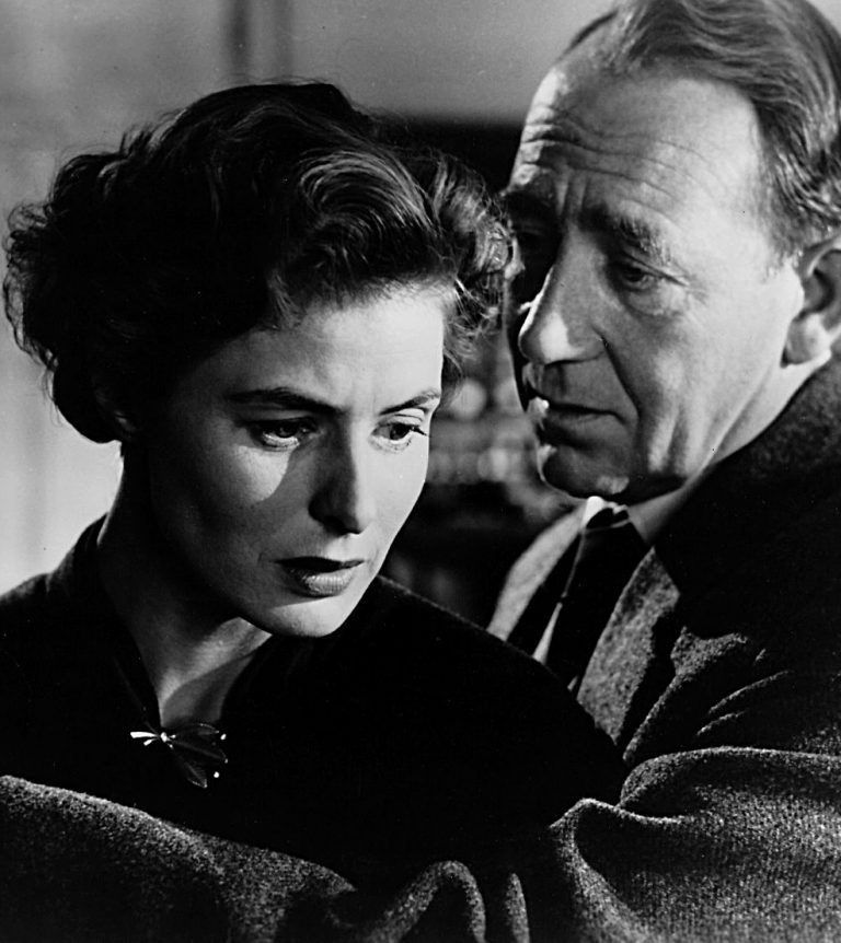 Ingrid Bergman w jednym z filmów Rosseliniego, zatytułowanym Strach, z 1954 roku. Obok niej Mathias Wieman.