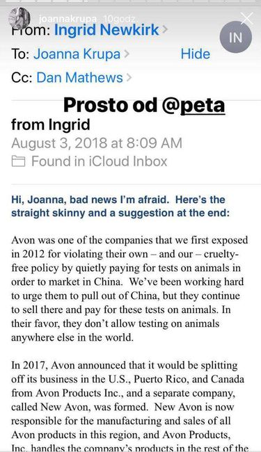 Joanna Krupa opublikowała maila od PETA