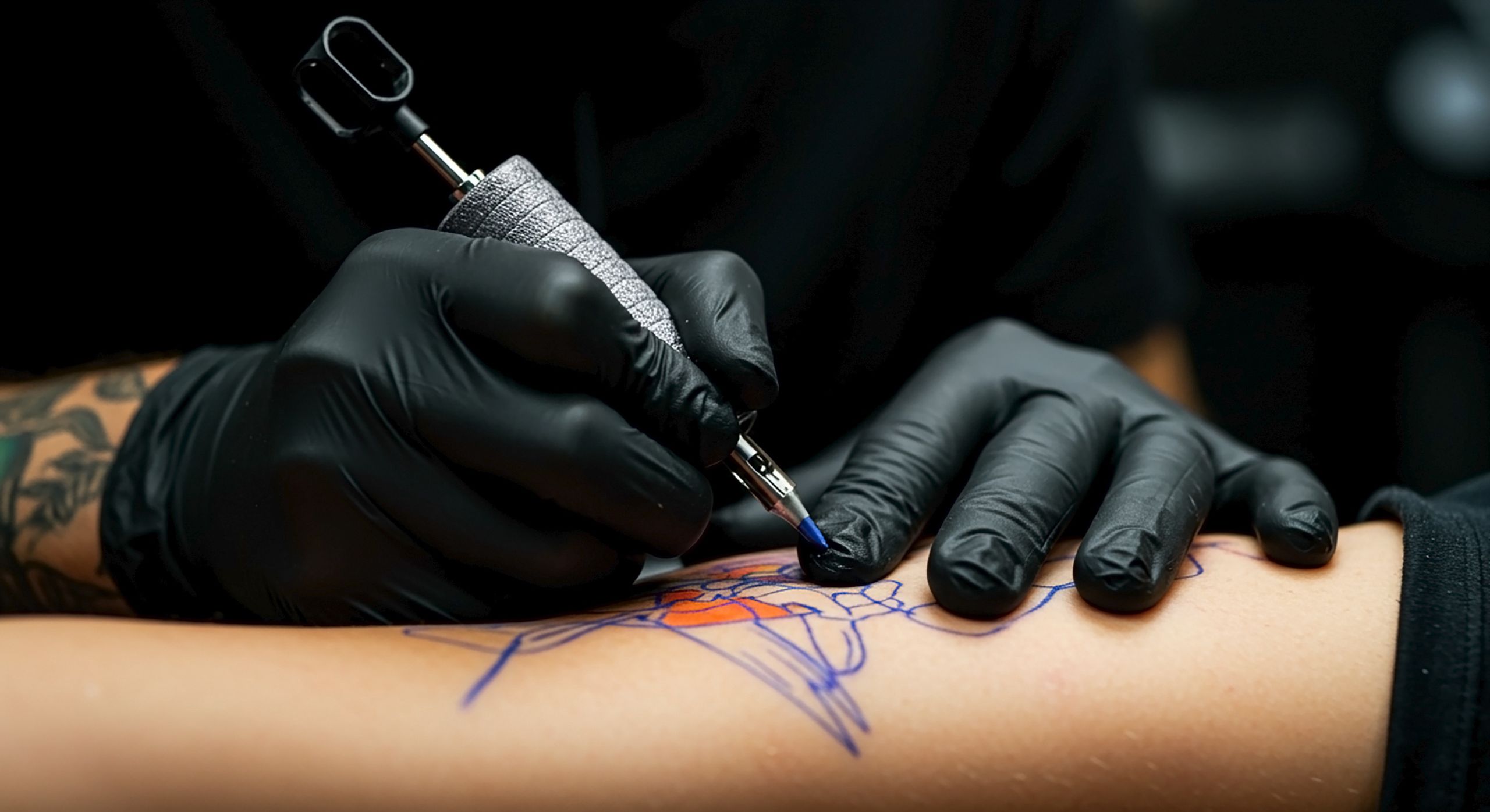 tattoo artist, tattooing, close up, ink, tattoo machine, black gloves, arm tattoo, skin art, tattoo process, colored tattoo, modern tattooing, professional tattooist, tattoo parlor, body art, needlework, ink design, permanent ink, tattoo session, electric tattoo machine, tattoo work, custom tattoo, vibrant colors, detailed tattoo, hand tattoo, gloved hands, tattoo culture, creative tattoo, blue ink, orange ink, stencil design, skin close up, tattoo outline, inking session, tattoo equipment, precision tattooing, inked arm, contemporary tattoo, realistic tattoo, artistic expression, tattoo studio, human skin, hygiene tattoo, tattoo experience, tattoo creation, needle precision, dark background, focused shot