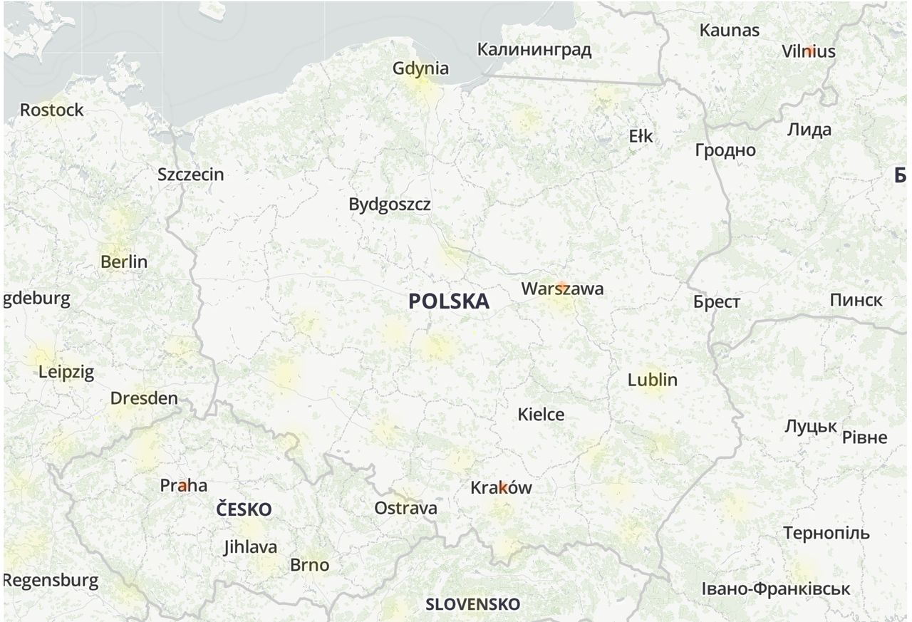 Mapa zgłaszanych awarii w Polsce 