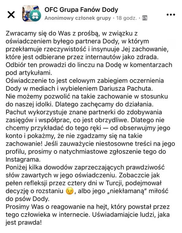 Oficjalny fanklub Dody na Facebooku staje w obronie piosenkarki