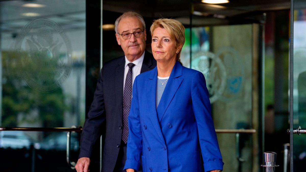 WASHINGTON, DC - AUGUST 6: Swiss President Karin Keller-Sutter (R) and Vice President of the Swiss Federal Council Guy Parmelin leave the State Department on August 6, 2025 in Washington, DC. Keller-Sutter traveled to Washington to meet with U.S. Secretary of State Marco Rubio in an attempt to create a deal averting a stiff 39% U.S. tariff on Swiss goods. (Photo by Andrew Harnik/Getty Images)