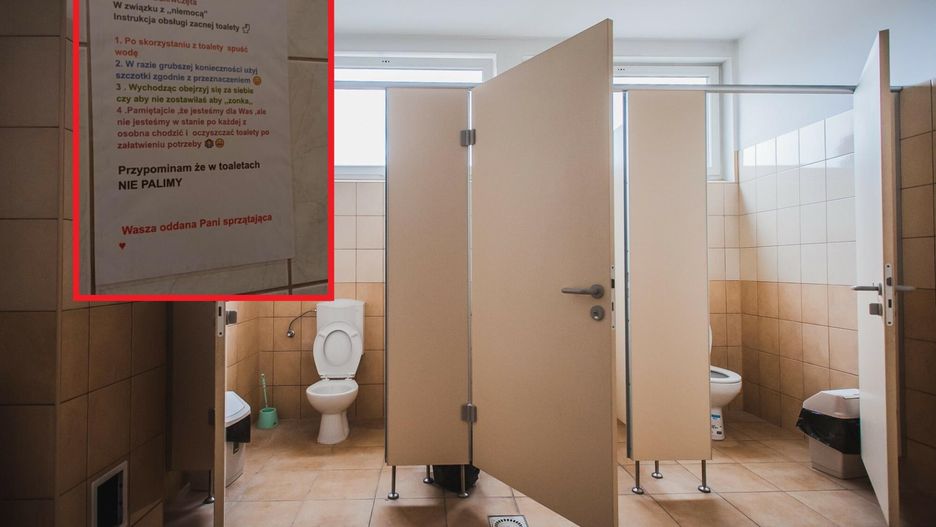 Pani sprzątająca wywiesiła kartkę w szkolnej toalecie. Napisała instrukcję do uczennic