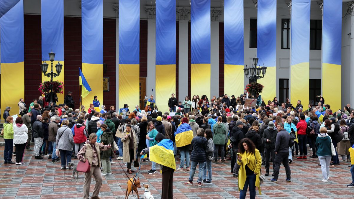 ODESSA, UKRAINE - 2023/11/11: Protesters seen gathering at Dumskaya Square during the demonstration. Another protest against unnecessary budget expenditures took place near City Hall on Dumskaya Square. Participants argued that all budget funds should go to the needs of the Armed Forces of Ukraine rather than secondary expenses like buying New Year's trees or renovating buildings and roads. They initiated their first protest in August 2023 and have been continuously demonstrating since then. (Photo by Viacheslav Onyshchenko/SOPA Images/LightRocket via Getty Images)