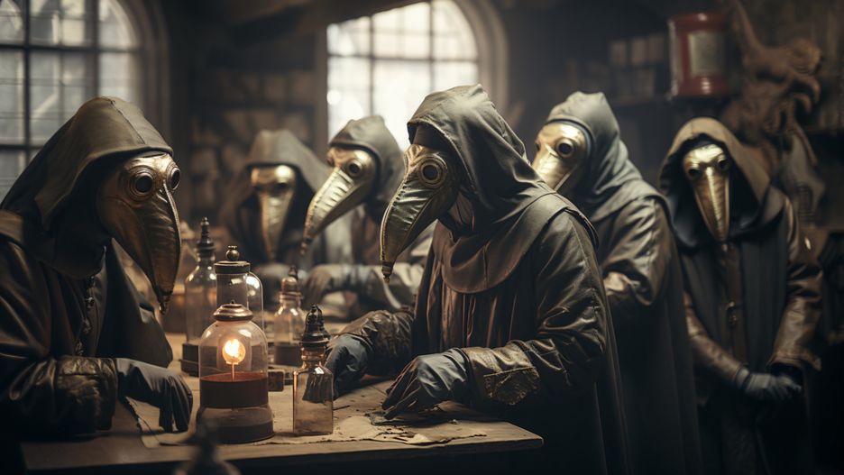 people, plague, doctors, doctor, facility, old, bubonic, physician, dark, black, robe, epidemic, 16th, 17th, century, infected, patients, beaked, mask, masks, leather, gloves, equipment, medical, victims, sickness, sick, 1500, 1600, testament, outfit, costume, surgeons, science, studying, group, laboratory, healing, creepy, pest, fashion, virus, treatments. halloween, character