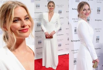 Margot Robbie w białej sukni na czerwonym dywanie