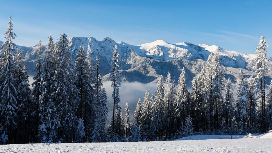 Zakopane, 23.04.2024. Widok o poranku z Gubałówki na ośnieżone Tatry, 23 bm. Pomimo kalendarzowej wiosny w Tatrach nadal można podziwiać zimową aurę. (aldg) PAP/Grzegorz Momot