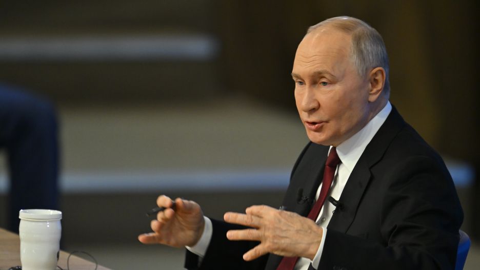 MOSCOW, RUSSIA - DECEMBER 19: Russia's President Vladimir Putin attends annual special televised question-and-answer session and year-end news conference scheduled to take place at the Gostiny Dvor trade and exhibition centre in Russia, Moscow on December 19, 2024. (Photo by Sefa Karacan/Anadolu via Getty Images)