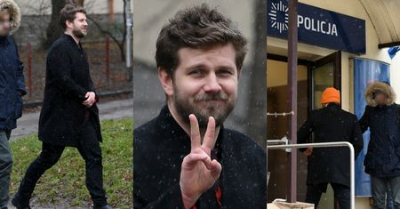 Tak wyglądała wizyta Antoniego Królikowskiego na komendzie: uśmiech na twarzy i gest pokoju. Dobra mina do złej gry? (ZDJĘCIA)