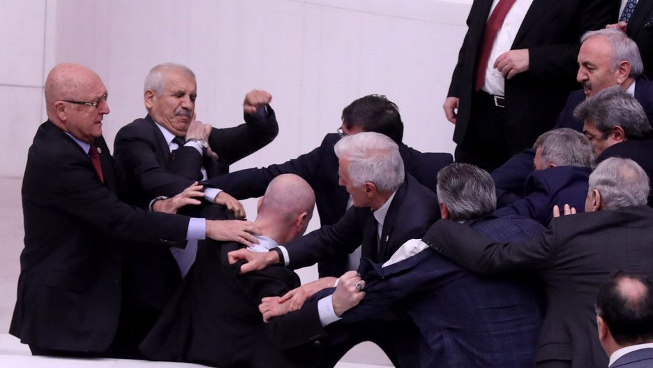 Punches Fly In Turkish Parliament - Ankara
Members of the Turkish Parliament were involved in a fistfight during a debate on the budget; resulting in one MP being rushed to hospital with injuries, in Ankara, Turkey, on December 06, 2022. The MPs of the ruling party (AK Parti) and the opposition party named the Iyi Party came to blows to resolve their political differences. At the centre of the controversy was the member of the opposition; Huseyin Ors; who was seriously injured after getting entangled in the middle of the brawl. He received some serious punches resulting in his transfer to the hospital where he is being treated in an intensive care unit.,Image: 742786830, License: Rights-managed, Restrictions: , Model Release: no, Credit line: Depo Photos/ABACA / Abaca Press / Forum
Depo Photos/ABACA / Abaca Press / Forum
Fighting, Parlement, Politique, Turkey, Turquie, TYrkei, category_code_new