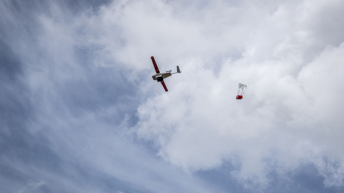 A Zipline drone drops off a blood bag at Kabgayi hospital near Kigali, Rwanda, on Thursday, April 4, 2024. Zipline, a drone medical delivery service first developed in Rwanda and Ghana, now primarily operates in the US in partnership with Novant Health and customers including Walmart. Photographer: Guillem Sartorio/Bloomberg via Getty Images