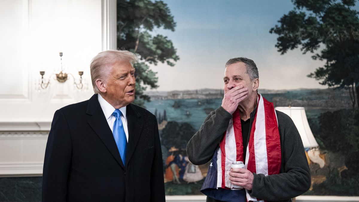 WASHINGTON, DC - FEBRUARY 11: U.S. President Donald Trump welcomes Marc Fogel back to the United States after being released from Russian custody, at the White House on February 11, 2025 in Washington, DC.  Fogel, a history teacher from Pennsylvania was serving a 14-year prison sentence after being arrested at an airport in Moscow in August 2021 for possessing cannabis, which he reportedly used to treat chronic back pain. He was released earlier today as part of an exchange negotiated by the Trump administration. (Photo by Al Drago/Getty Images)