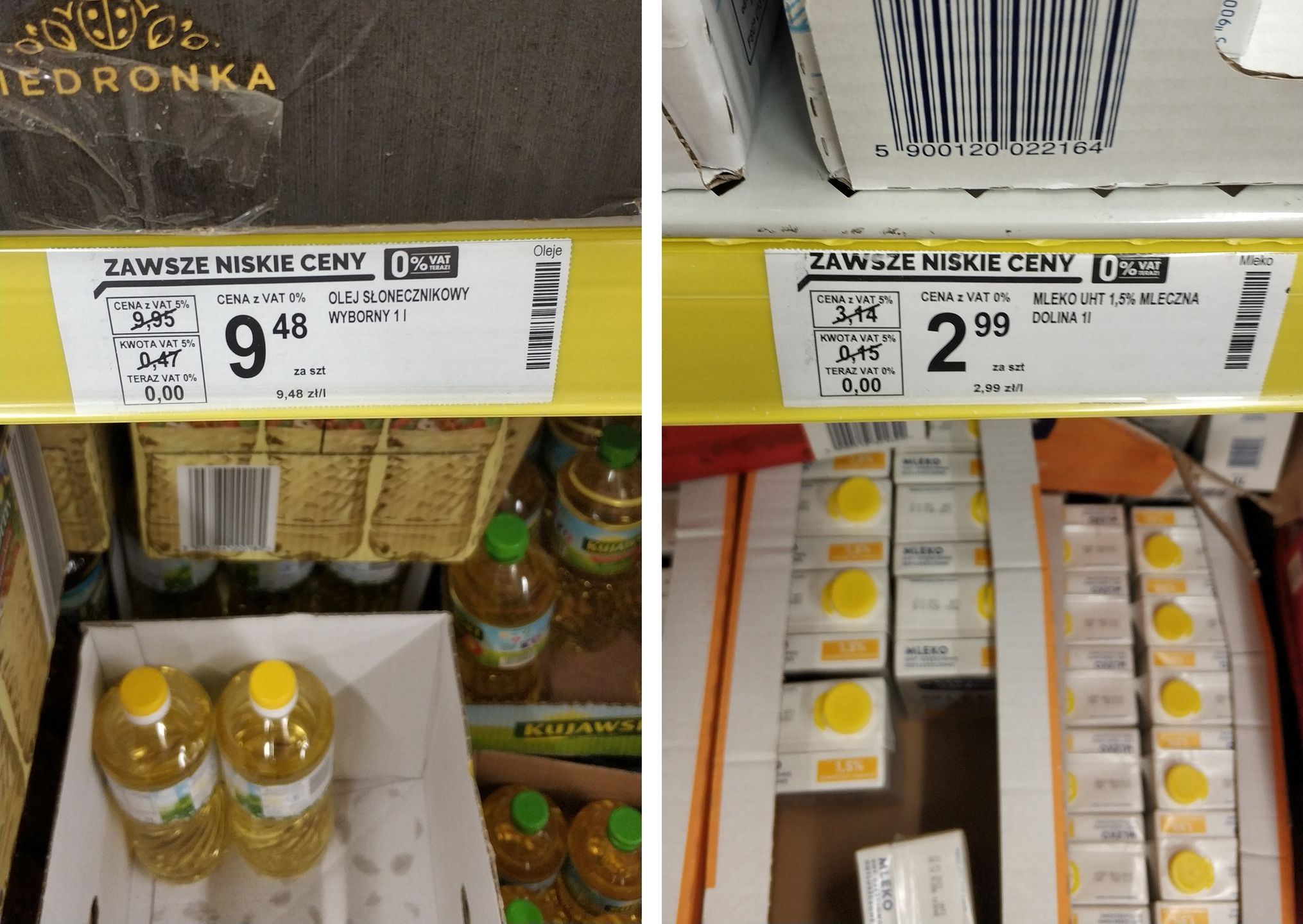 Cenniki przedstawiające cenę mleka UHT 1,5 proc. (2,99 zł) oraz oleju słonecznikowego (9,48 zł)