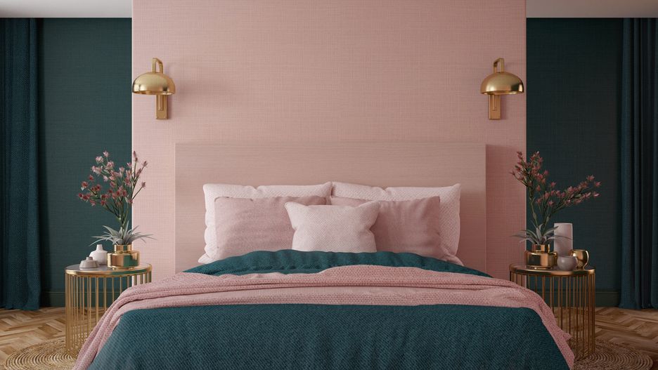 Bedroom interior.Art deco style.Design with green pink and gold color.3d rendering3d, illustration, bedroom, bed, interior, room, white, warm, modern, decor, home, furniture, contemporary, wood, bedding, design, sleeping, green, pink, gold, 3d, illustration, bedroom, bed, interior, room, white, warm, modern, decor, home, furniture, contemporary, wood, bedding, design, sleeping, green, pink, gold