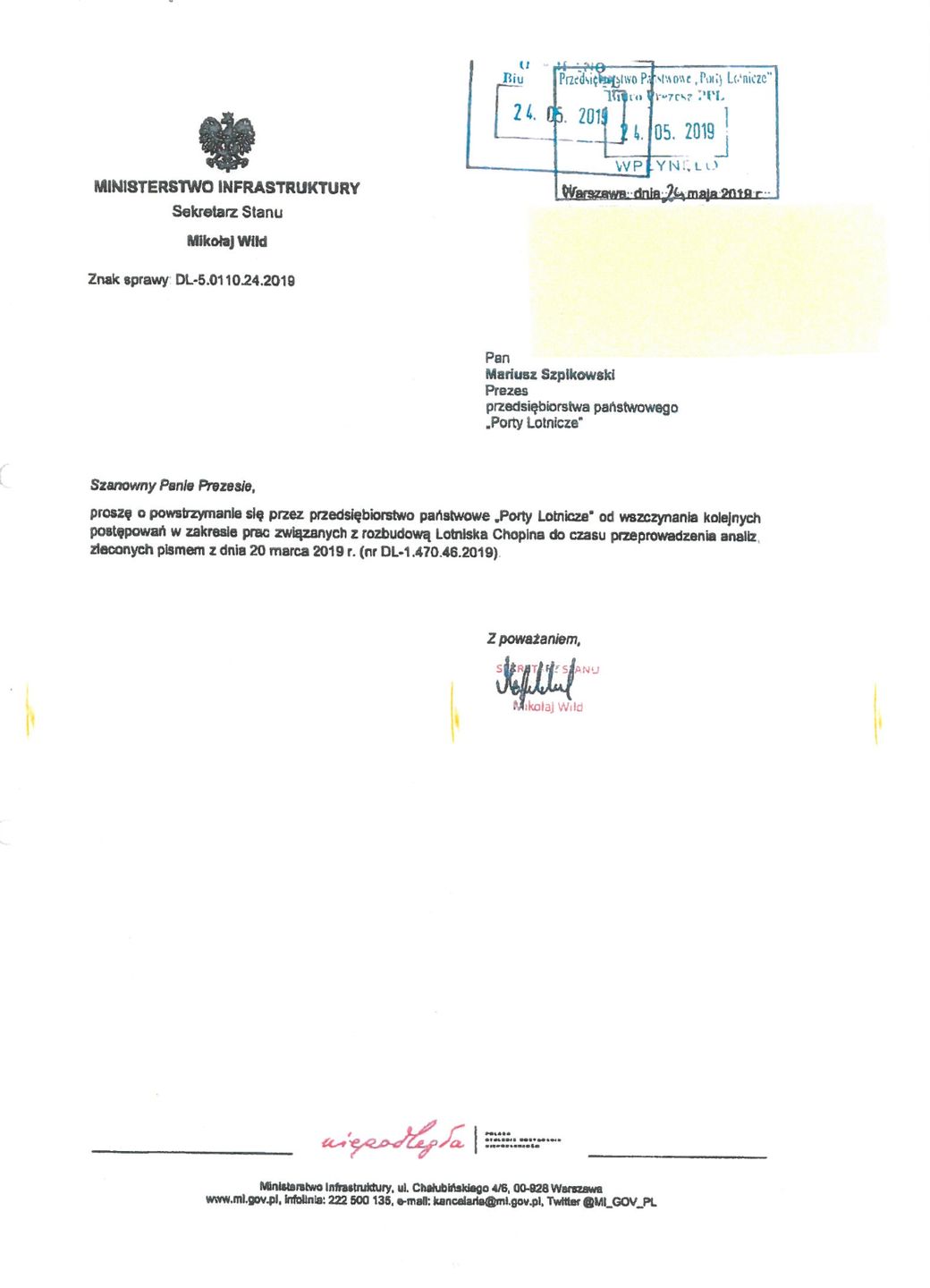 Pismo Mikołaja Wilda z maja 2019 r. 