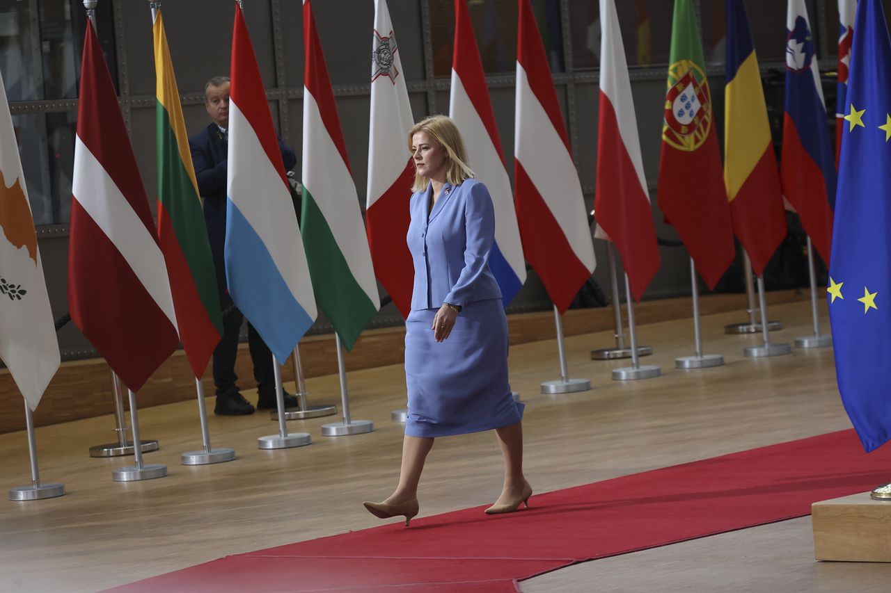 Prime Minister of Latvia Evika Silina at the European Council arrives at the European Council and Euro Summit, the EU leaders meeting at the headquarters of the European Union. The Latvian PM does doorstep statement to the media and press. EU leaders and heads of states have on their agenda to discuss on the 2-day summit the topics of the humanitarian pauses in Israel's war with Hamas, the support to Ukraine after Russia's invasion, economy and the migration crisis situation. EUCO in Brussels, Belgium on 27 October 2023 (Photo by Nicolas Economou/NurPhoto via Getty Images)